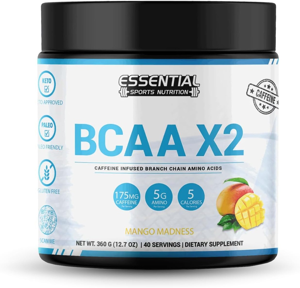 BCAA med 175mg koffein | 40 servering | Keto-godkänd, icke-GMO, Gluten fri tillägg | Peach-Mango smak