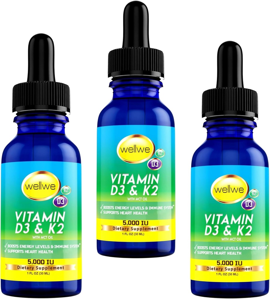 Liquid Vitamin D3 K2 Drops with MCT Oil 5000 IU - Vegan, No Taste, No Odor, Soy-Free, Gluten Free, Non-GMO, 1000 IU per Drop, Boosts Energy & Immune System (3 Pack)