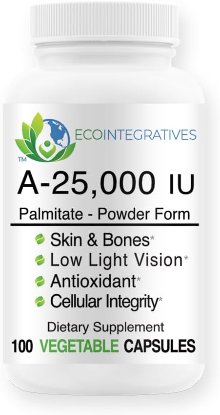 A-25 000 iu Palmitate Vegan, Powder Form (100 kapslar) Icke-GMO, stöder lågt ljus Vision, Immune Support, Cellular Integrity of Skin & Bones, Antioxidant