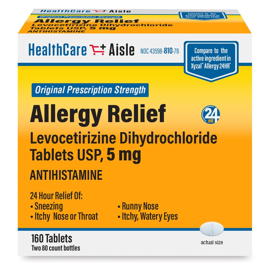 HealthCareAisle Allergy Relief - Levocetirizine Dihydrochloride Tablets USP, 5 mg, 160 tabletter, Original Prescription Strength Allergy Medication, 24-timmars Relief, 80 Count (Pack of 2)