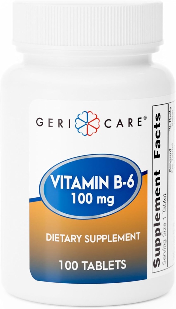 GeriCare Vitamin B-6 100mg, 100 tabletter - Dagligt näringsstöd för hälsosam hjärnfunktion, humörförbättring, cirkulationshälsa och metabolism - hjälper till att bekämpa trötthet och främja övergripande välbefinnande
