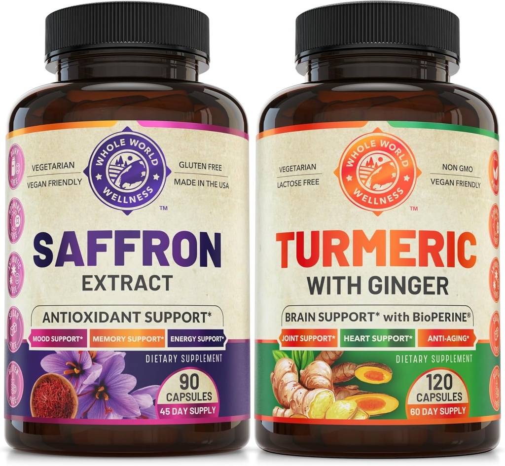 Pure Saffron Extract & Organic Turmeric Curcumin Bundle (En flaska vardera). Stöder humör, energiökning, metabolisk funktion. USA Made.