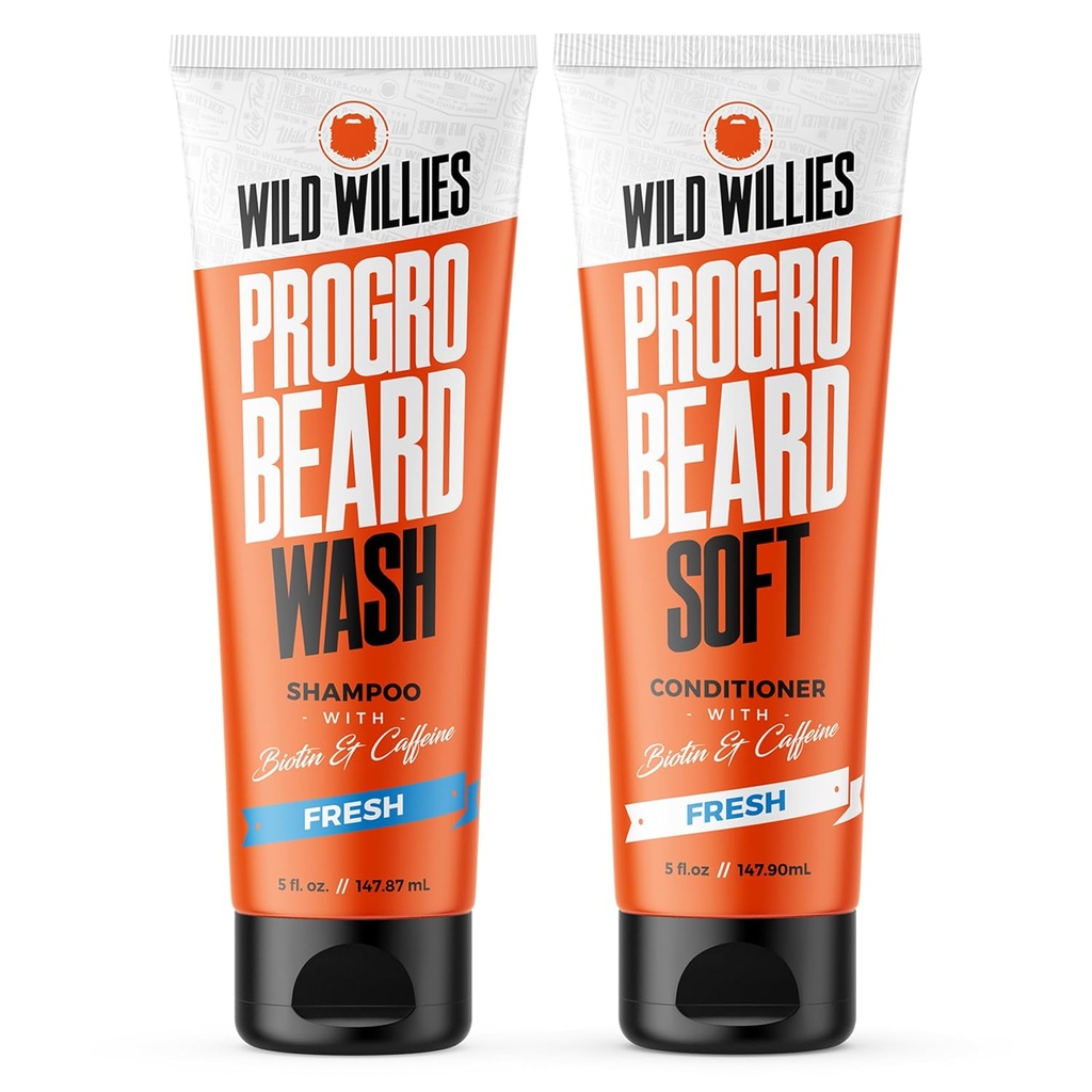 Wild Willies PROGRO Beard Shampoo och Conditioner Kit - Befäst w / koffein & Biotin - Stärkande, Flake-Free, Moisturizing Beard Wash och Conditioner för män, 2 x 5oz Tubes