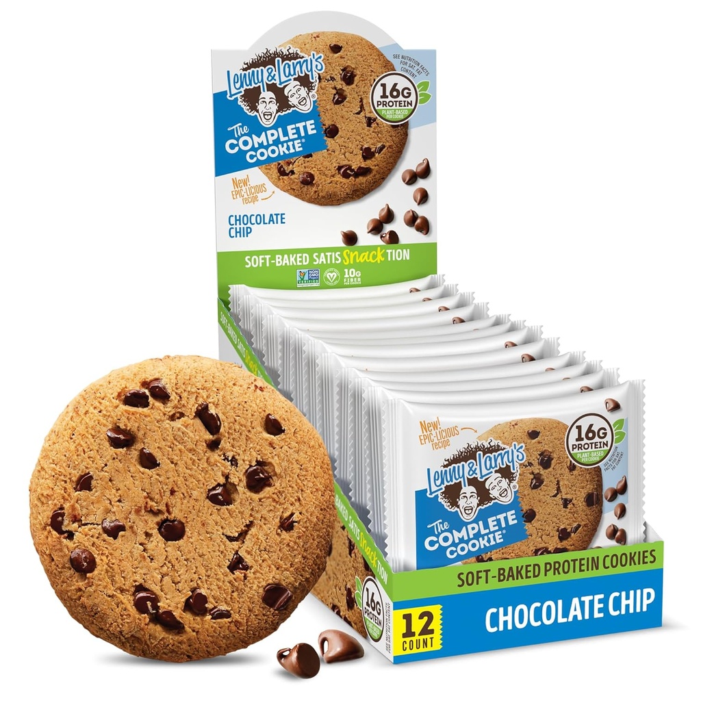Lenny & Larry's The Complete Cookie, Chocolate Chip, Soft Baked, 16g Plant Protein, Vegan, Non-GMO, 4 Ounce Cookie (Pack av 12)