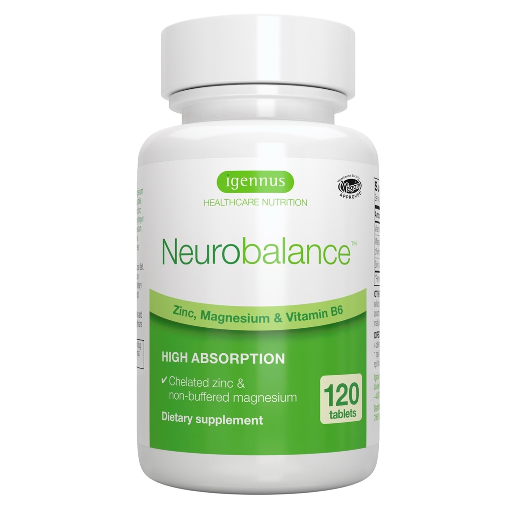 Igennus Neurobalance Zink Magnesium & B6 Komplex Formulerad för kognitivt stöd, Calm Focus & Relaxation, 120 små tabletter, Hög Absorption Chelated Zink & Fullt Reacted Magnesium, Vegan, icke-GMO