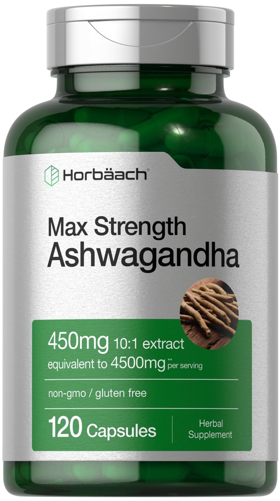 Horbäach Ashwagandha Supplement | Max Styrka | 120 kapslar | Non-GMO, Gluten Free
