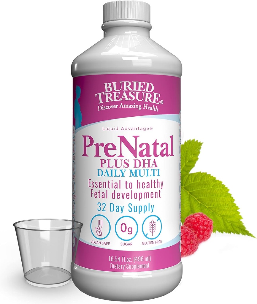 Buried Treasure Prenatal Plus DHA Complete, 16 oz Orange Banana Flavor, High Potency Liquid Formel Supplement för Före, Under, Efter Graviditet, Naturlig DHA Omega3 Järn Vegetarian Safe W/Dose Cup