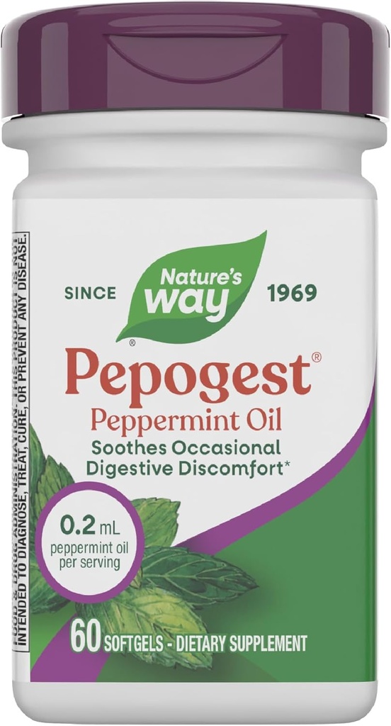 Naturens sätt Pepogest Peppermint Oil, Soothes Occasional Gastrointestinal Discomfort *, Enteric Coated Peppermint Oil Softgels, 60 Softgels (Packaging May Vary)