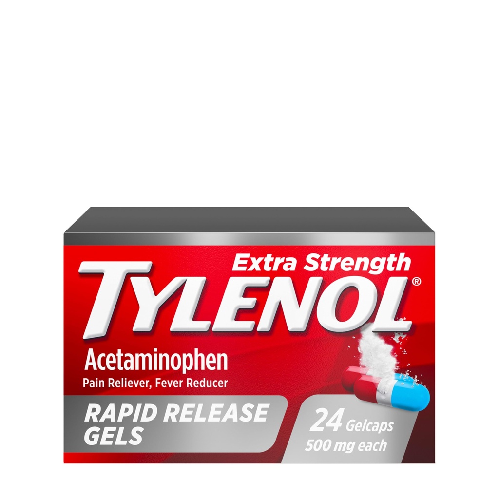 Tylenol Extra Strength Acetaminophen Rapid Release Gels, Extra Strength Pain Reliever & Fever Reducer, Gelcaps med Laser-Drilled Holes, 500 mg Acetaminophen, 24 ct