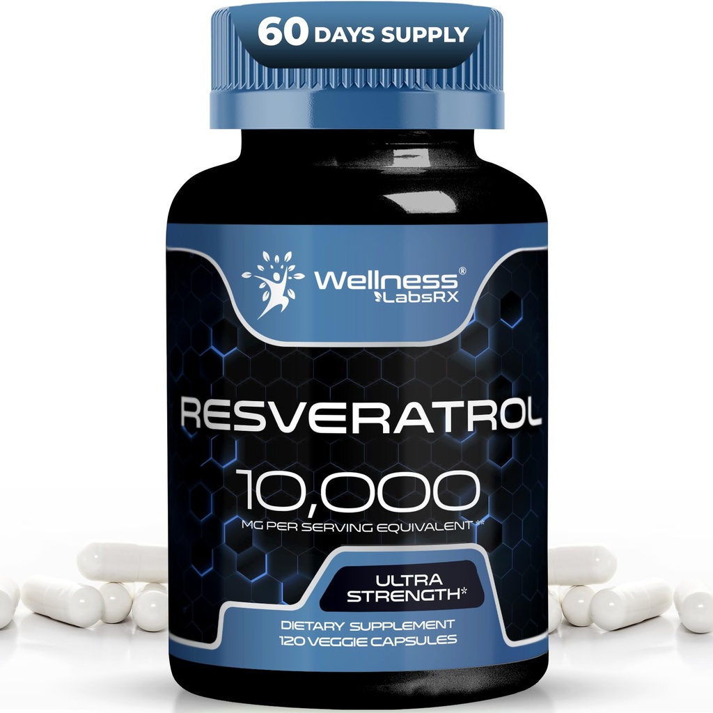 WELLNESS LABSRX Resveratrol Supplement 1000mg, 120 Capsules (60 Days Supply), Ultra-Strength High Purity Trans-Resveratrol for Healthy Aging, Anti-Aging and Heart Health Support - Vegan, Keto