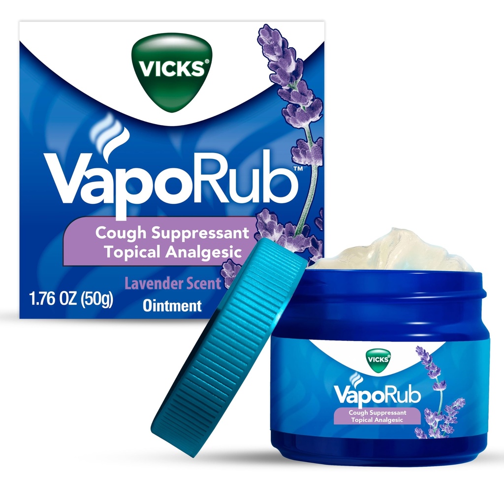 Vicks VapoRub, Lavender Scent, Cough Suppressant, Topical Chest Rub & Analgesic Ointment, Medicated Vicks Vapors, Relief från hosta på grund av Cold, Aches & Pains, 1.76oz
