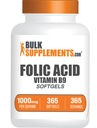 BulkSupplements.com Folic Acid Softgels - Vitamin B9, Folic Acid 1000 mcg, Folate Supplement - Gluten Free, 1 Softgel per Servering, 365 greve (Pack av 1)