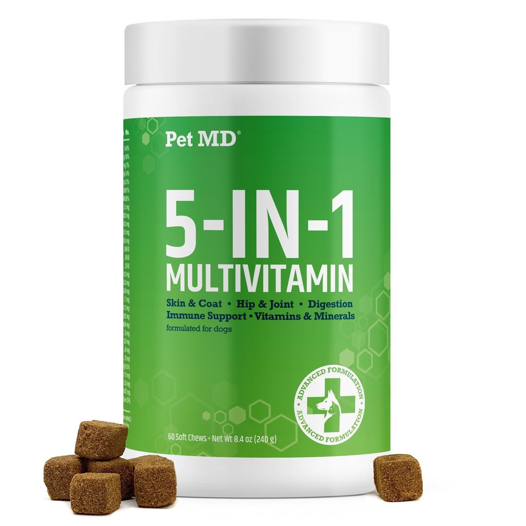 Pet MD 5in1 Dog Multivitamin - 30 Vitaminer, mineraler och näringsämnen för hud och rock, Hip & Joint, Digestion, Senior Dog & Puppy Vitaminer - Glukosamin, Omega 3 6 9, & Probiotika - 60ct