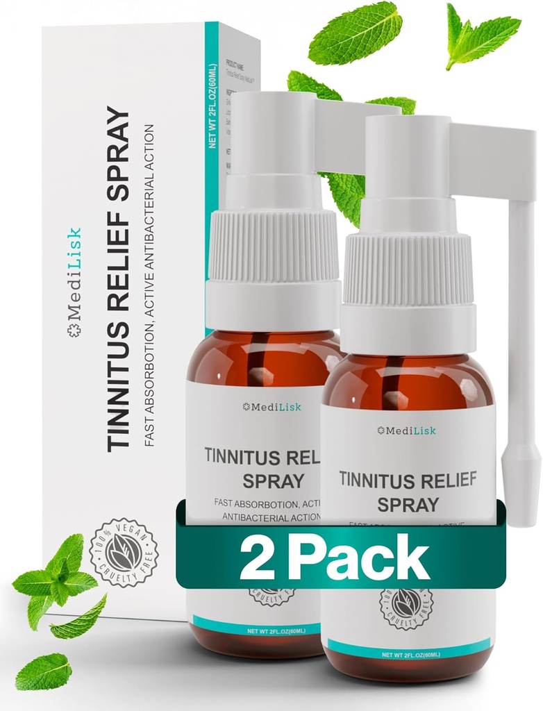 Medilisk Tinnitus Relief Spray - Stöder Tinnitus Relief för Ringing Ears - Herbal Ear Care Products - Tinnitus Behandlingar Prevention - Non-Steroidal & Hypoallergenic - 1 Fl Oz - Pack med 2