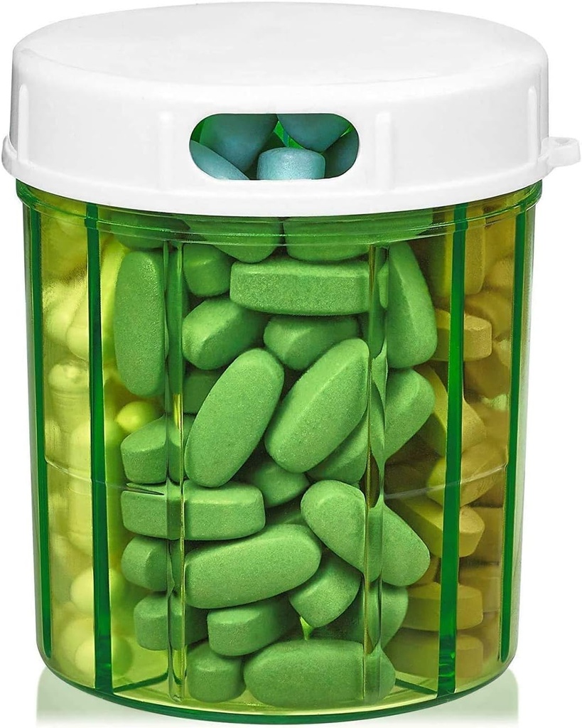Round Pill Organizer Dispenser - Pill Boxes med 4 Compartments for Medication, Vitamins & Supplements Bottle Daily Pill Case Reminder Box