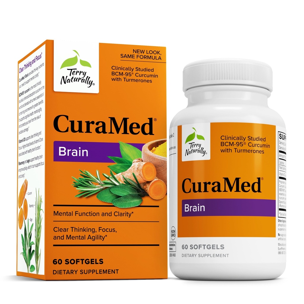 Terry Naturligt CuraMed Brain - Kosttillskott för att stödja Clarity & Focus - Brain Health Supplement med Curcumin & Turmeric Essential Oil för att hjälpa koncentration - 60 Softgels
