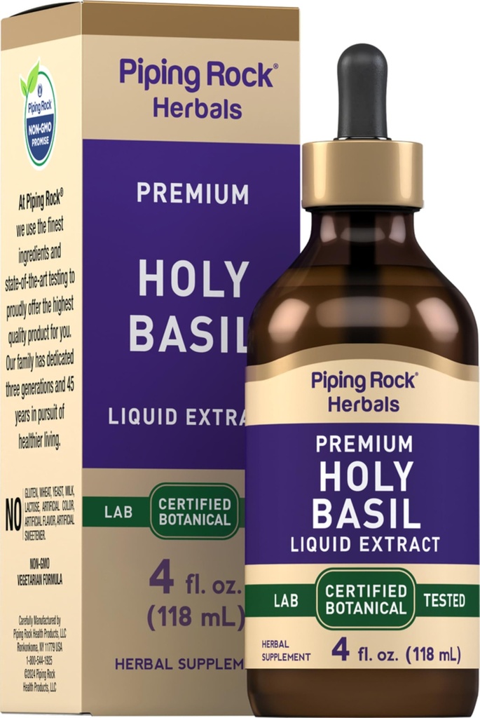 Piping Rock Holy Basil Liquid Extract | 4 Fl Oz | Tulsi Leaf Tincture | Vegetarisk, icke-GMO, Gluten fri tillägg