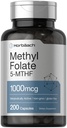 Horbäach Methyl Folate Supplement | 1000 mcg | 200 kapslar | 5-MTHF | Folic Acid | Non-GMO, Gluten Free Methylfolate