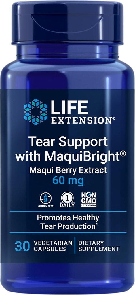 Life Extension Tear Support with MaquiBright®, 60 mg, Maqui Berry Extract for Dry Eyes, Supports Eye Health, Encourages Tear Production, Gluten-Free, Non-GMO, 1 Daily, Vegetarian, 30 Capsules