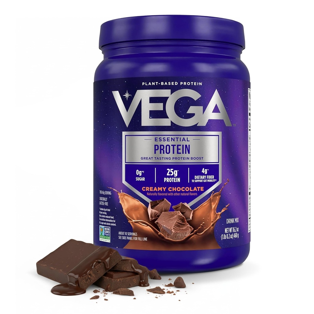Vega Original Essential Protein - 25g Plant-Based Protein, Creamy Chocolate, 10 portioner, Vegan Non-GMO Drink Mix, Smoothie & Shake Ready, Gluten Free, Dairy Free, 16.2oz (Packaging May Vary)