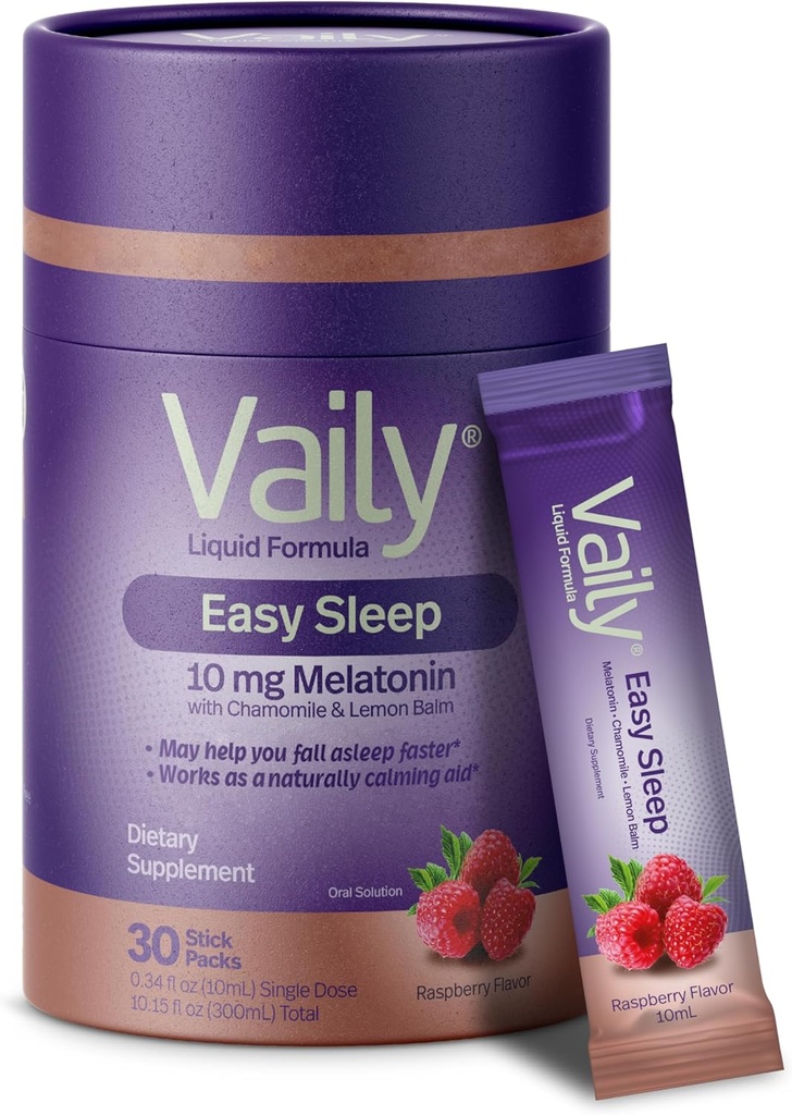 Vaily Liquid Melatonin 10mg, Lemon Balm Extract förbättrade sömncykler - Raspberry smaksatta sömntillskott, sömnhjälpmedel för vuxna - Chamomile Extract Natural Sleep & Relaxation Aid - 30 Doser