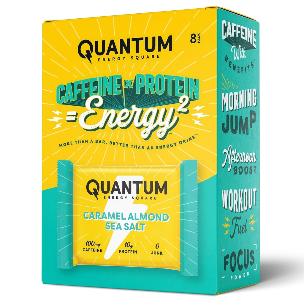 Quantum Energy Square: Energy Bar med koffein och 10g protein. Delicious Healthy Snack On The Go (Vegan, Gluten-fri, Soy-fri, Dairy-fri) (Caramel Almond Sea Salt)