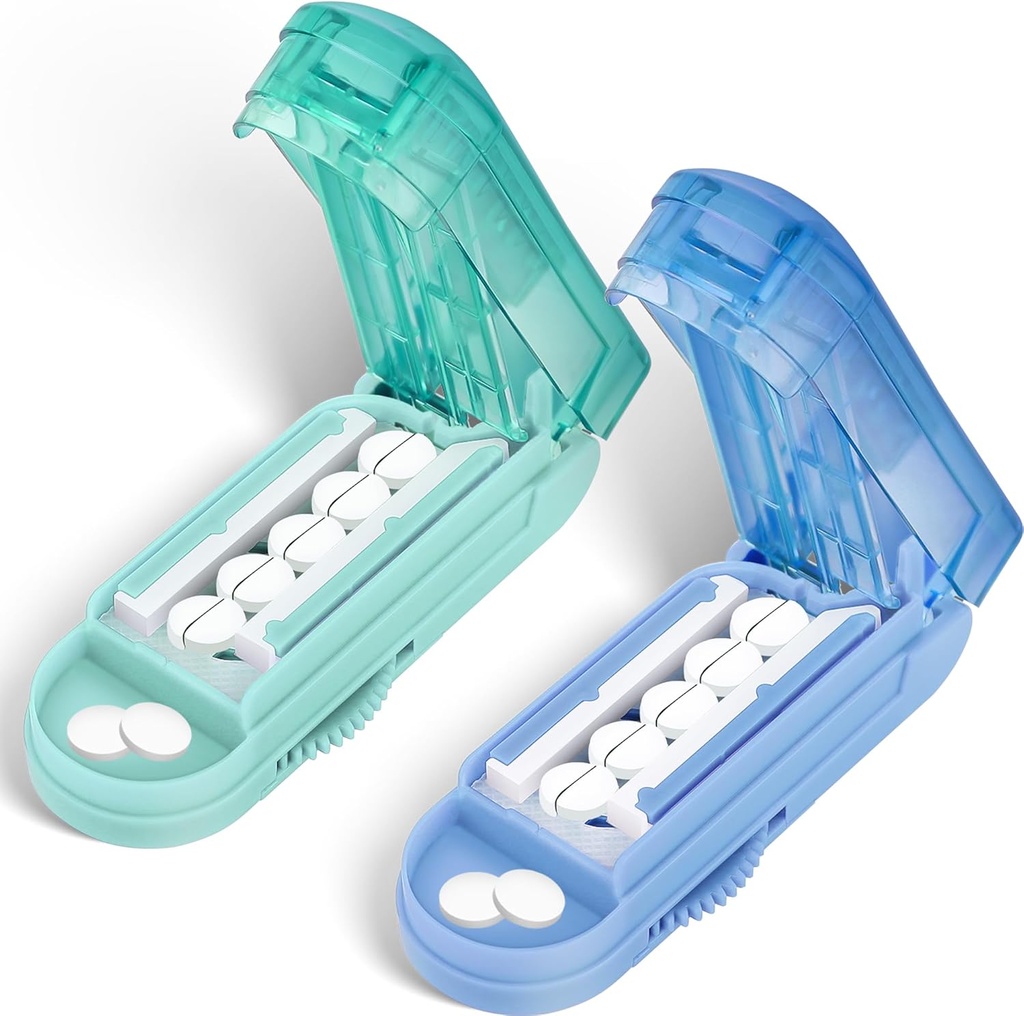 DUBSTAR 2PCS Pill Cutter Splitter for Small and Tiny Pills, Multiple Pill Cutters for Small or Large Pills, Justerbar Pill Splitter med Centering Device och Blade Guard (Blue+Cyan)