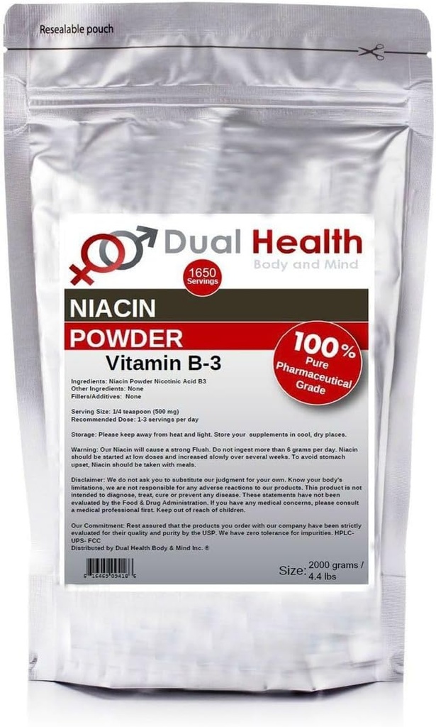 Niacin Powder (4,4 lbs - 2 kg) Vitamin B3 Bulk Supplement Immediate Release Niacin med Flush Nicotinic Acid Non-GMO, Vegan, Gluten Free Fast Absorption No GMO, Fillers, Additives, Metals