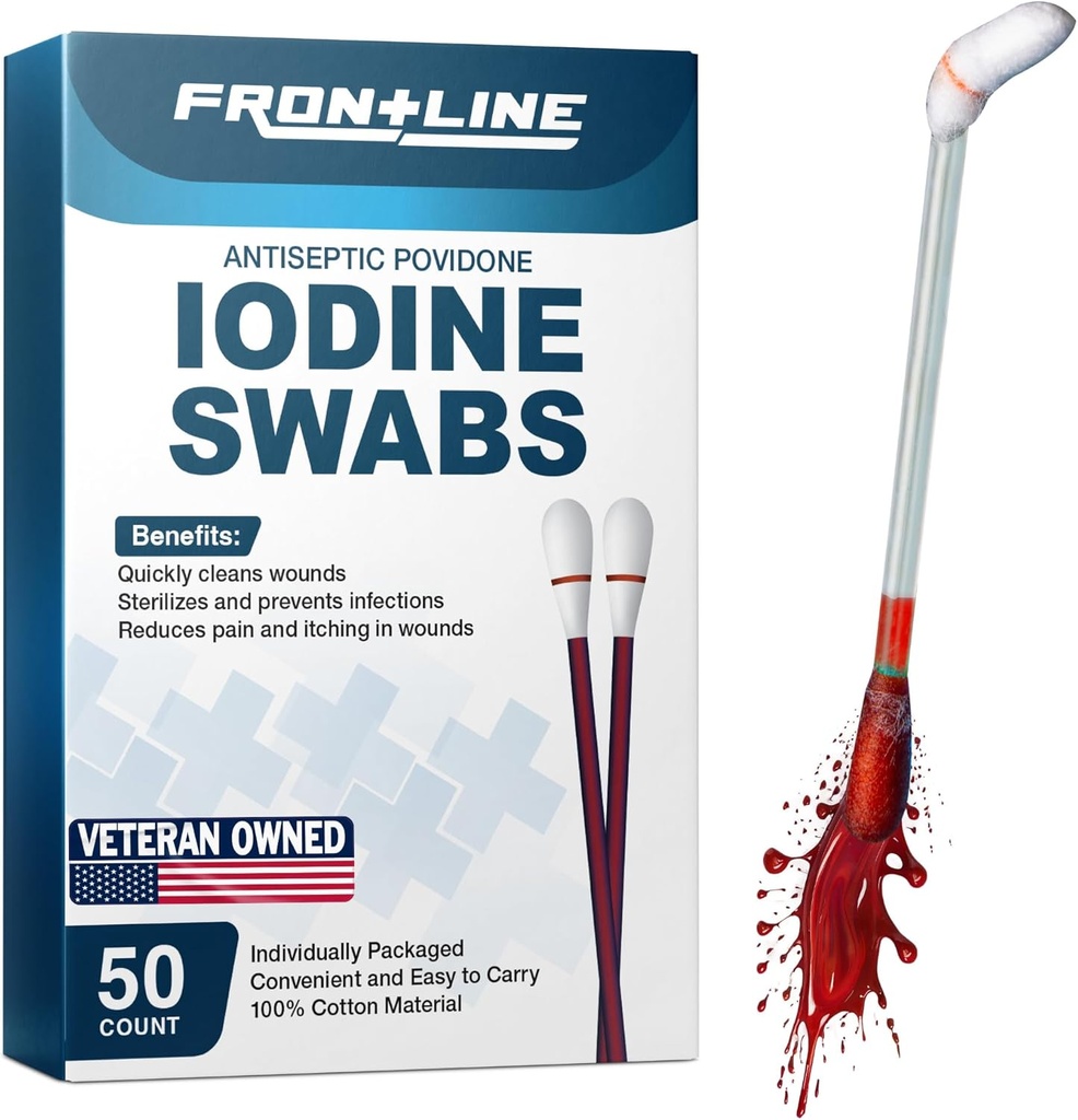 FrontLine Povidone Iodine Swabs, Antiseptic Swabsticks, Iodine Solution, Cleansing Cotton Swab, Individually Wrapped Medical Supplies, Wound Care, First Aid, Wound Cleaner, Box of 50