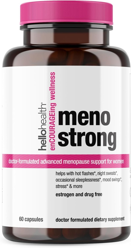 Klimakteriet Tillägg för kvinnor - Meno Strong Perimenopause Supplement for Night Sweats Relief, Sleeplessness, Mood Swings, Natural Hormone Balance, Stress, Hot Flashes Menopause Relief - 60 kapslar