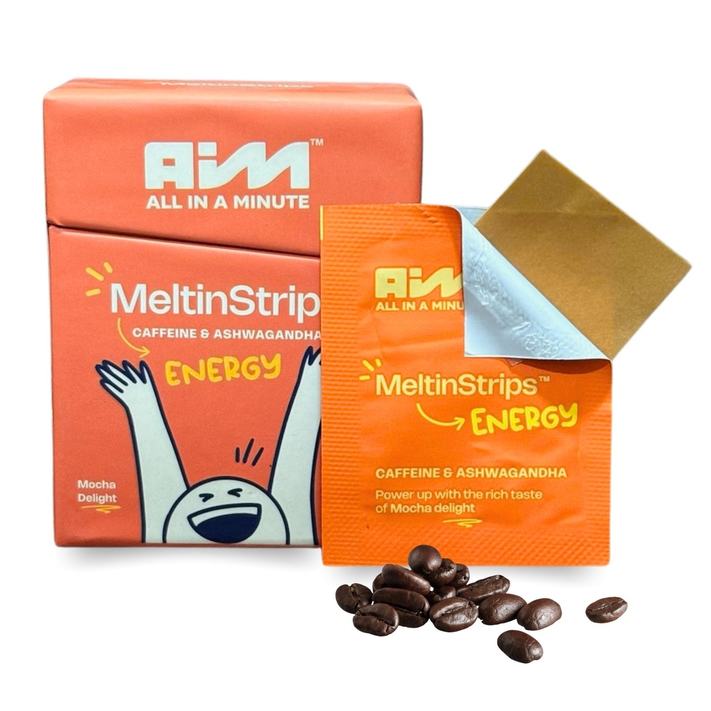 MeltinStripsTM Energy Strips med 40mg koffein, 20mg Ashwagandha & Vitamin B12 | Instant Energy & Focus Utan Jitters eller Crash | Fungerar snabbare än kaffe | Mocha smak - 30 Strips