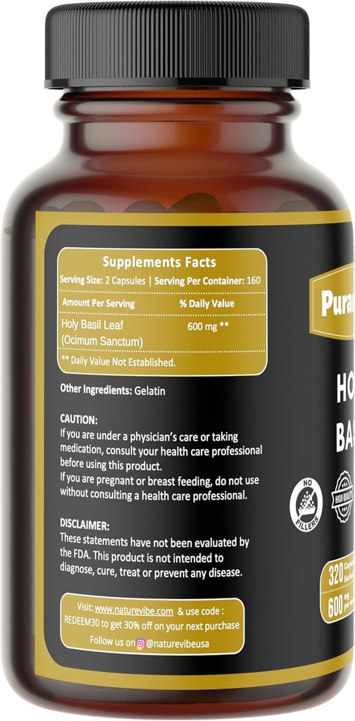Holy Basil Premium 320 kapslar Non GMO och Gluten Free | Herbal Supplement | 600 mg Per Servering | Tillverkad med 100% Pure Herb Holy Basil Leaf
