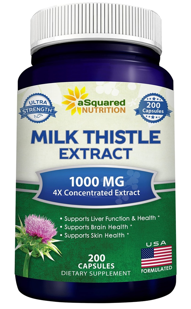 aSquared Nutrition Milk Thistle Supplement 1000mg-200 Capsules, Max Styrka 4X Koncentrerad Extract 4:1 Milk Thistle Seed Powder Herb Pills, 1000 mg Silymarin Extract för Liver Support, Cleanse, Detox
