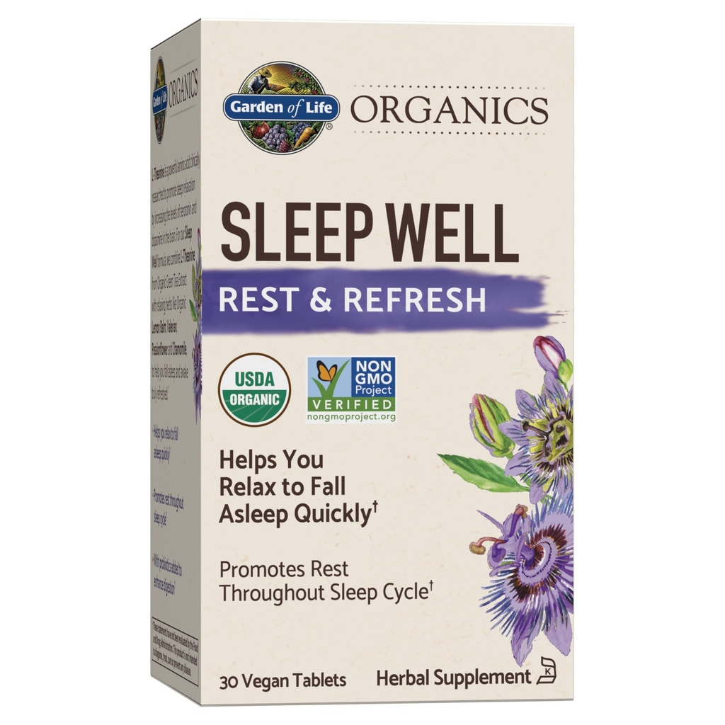 Garden of Life Organics Sleep Well Rest & Refresh 30 tabletter, Lemon Balm, Green Tea Extract L-Theanine, Valerian Root, Chamomile, Probiotika-Organic Non-GMO Vegan Gluten Free Herbal Supplement