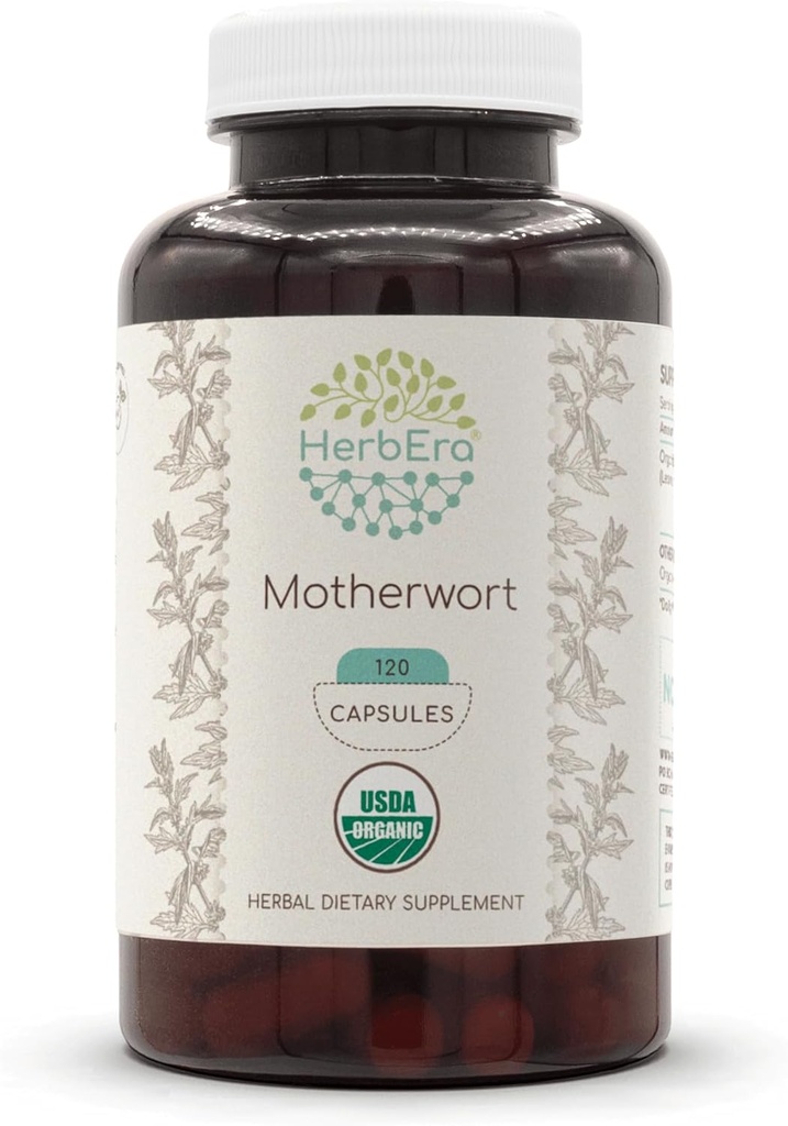 HerbEra Motherwort USDA Organic 120 kapslar | Natural Herbal Supplement | Certified Organic Vegetarian Capsules and Organic Motherwort (Leonurus Cardiaca) Torkade Herb (120 kapslar)