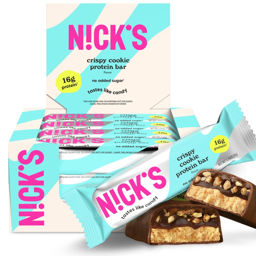 Nicks Protein Bars Crispy Cookie Chocolate, High Protein, Low Calories, Low Carb, Keto Friendly Snacks No Added Sugar (Multipack 12 bars x 50g), Crispy Cookie smak