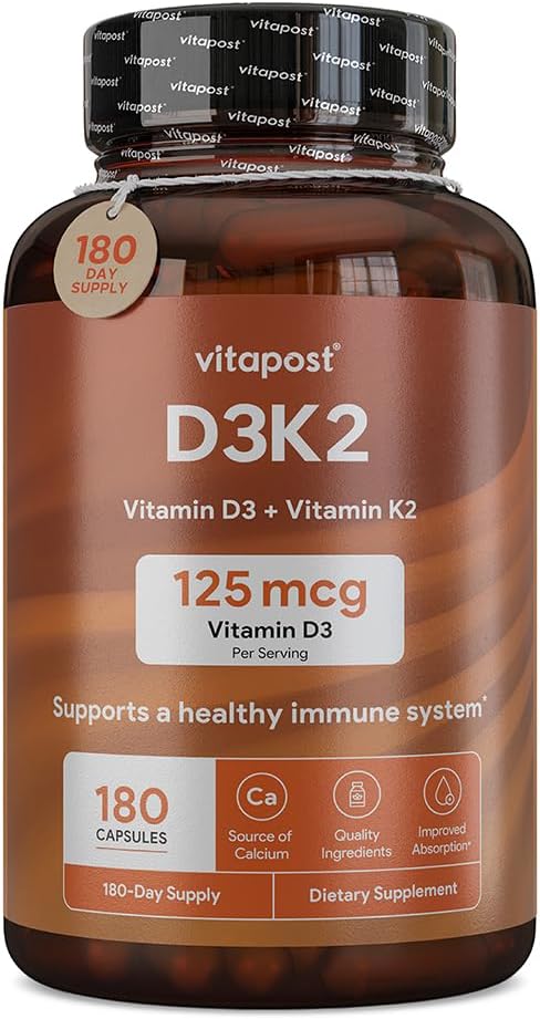 D3K2 | D3 K2 kombinerar vitamin K och vitamin D med Calcium & BioPerine. D3 och K2 kompletterar hälsosamma ben, hjärta och muskler | 180 kapslar