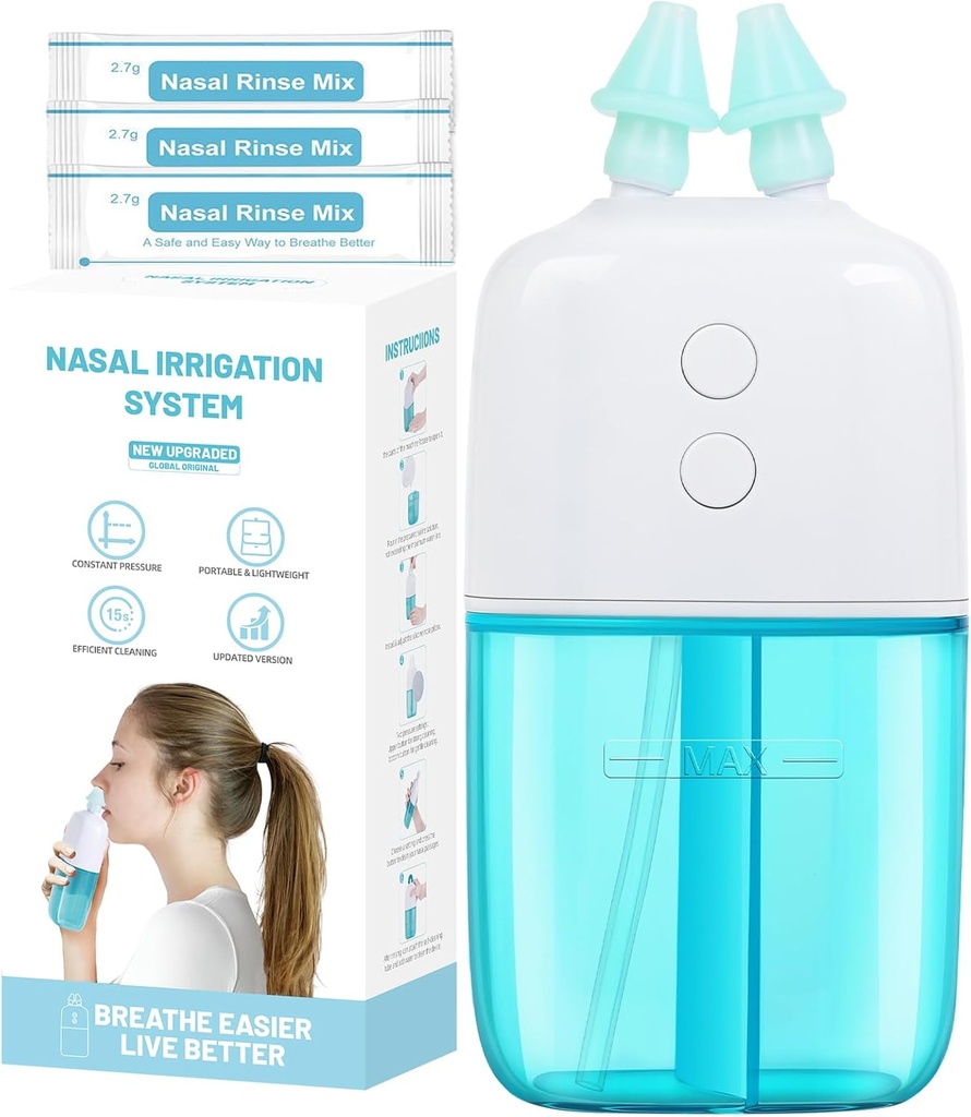 Nasal Irrigation System with 30 Saline Packets – Dual Speed and Auto Waste Collection – Portable and Travel-Friendly Nasal Irrigator – Nasal Cleaner for Sinus Relief Nasal Rinse Machine