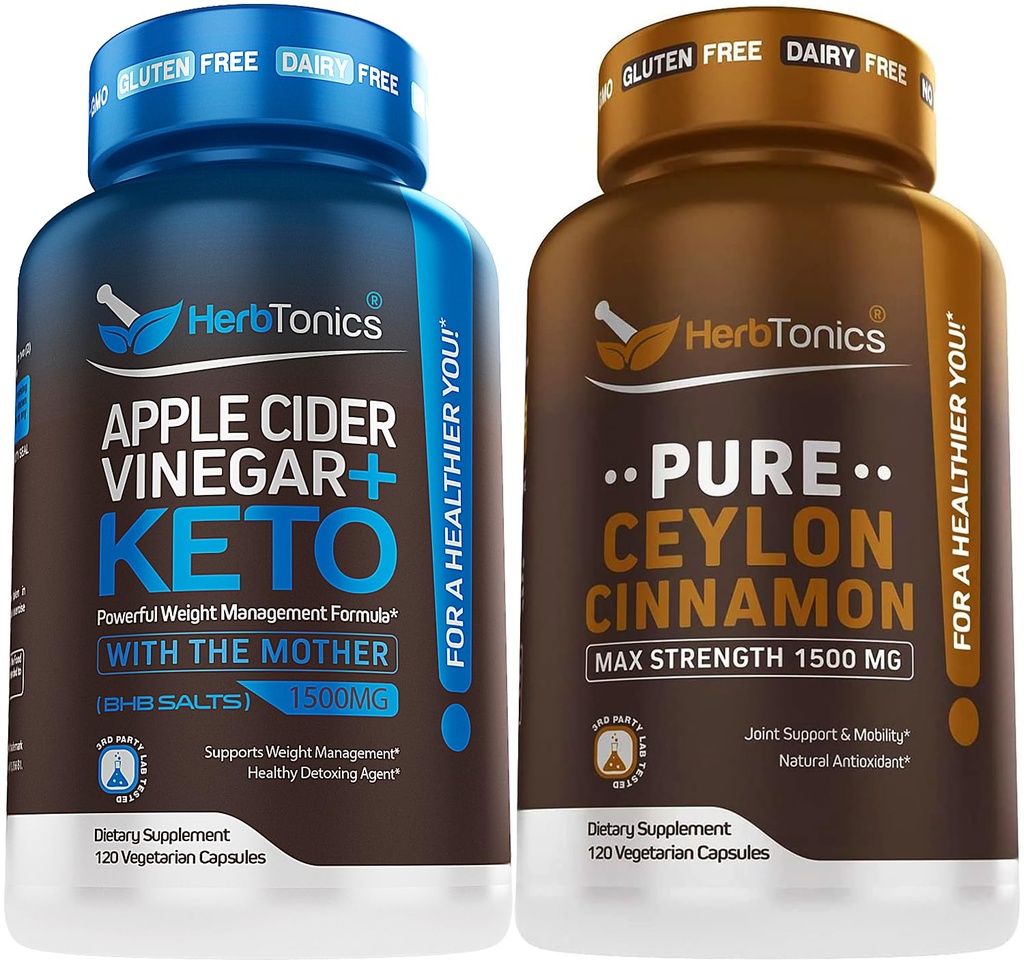 Herbtonics Apple Cider Vinegar Capsules Plus Keto BHB | Fat Burner & Weight Loss Supplement för kvinnor och män - Premium Ceylon Cinnamon Capsules - Effektiva kanelpiller för förbättrad välbefinnande