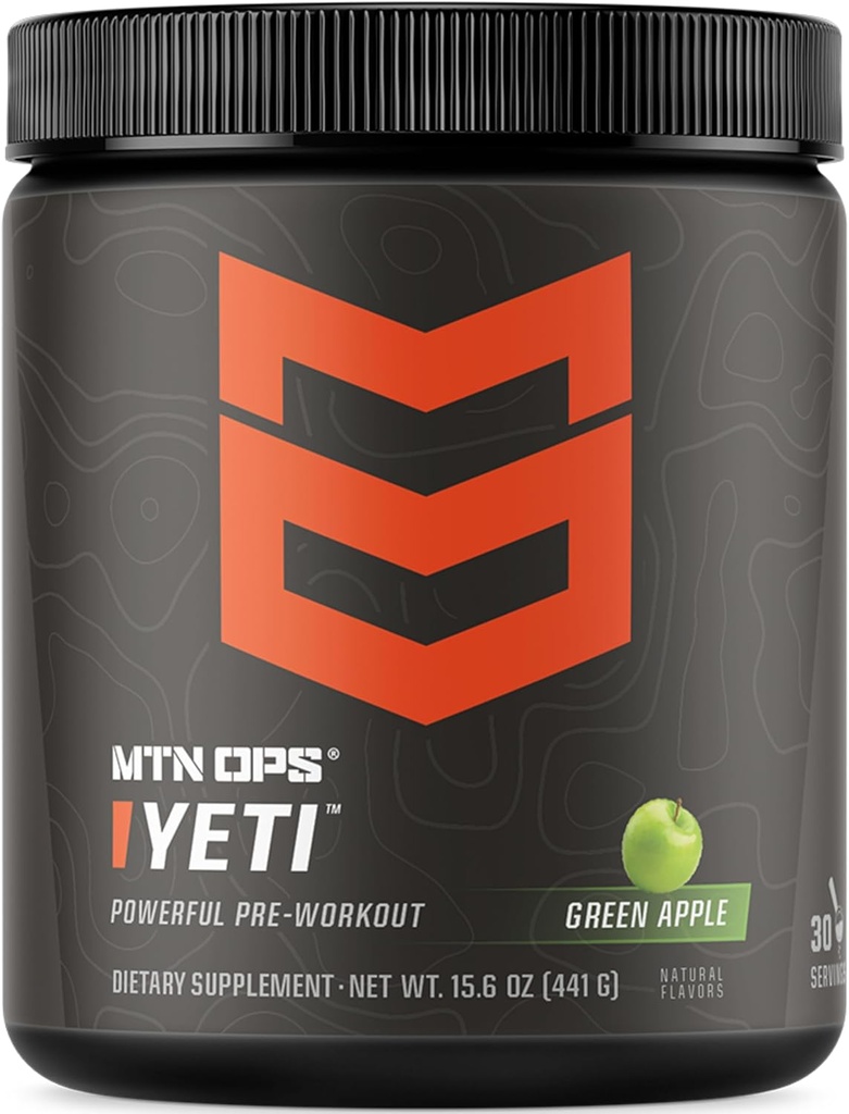 MTN OPS Yeti Pre-Workout Powder Energy Drink med kreatin, 200mg koffein och BCAA med Beta Alanine, 30-Serving Tub, Green Apple