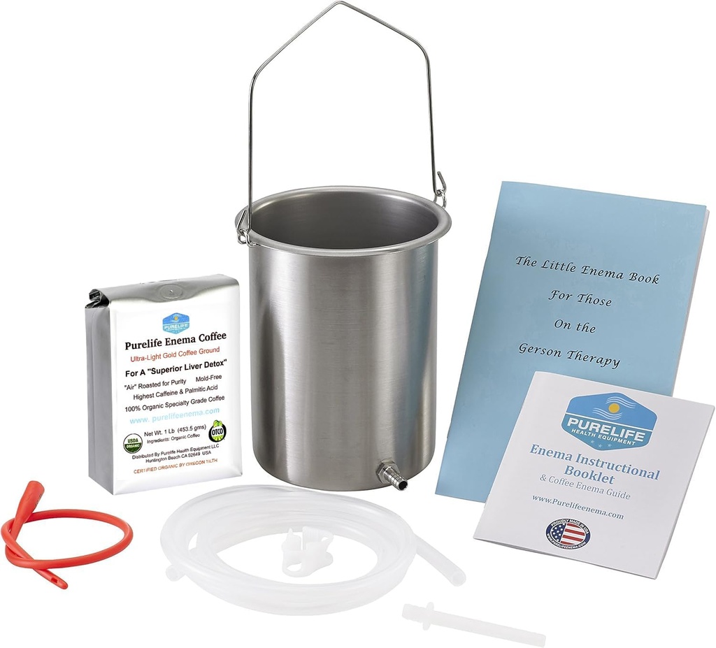 Purelife Detox Coffee Enema Kit - Made in USA - 2 Qt / Superior Non Toxic Made in USA Quality / 1 lb Purelife Ultra Light Gold Enema Coffee - Lab Testad utan mykotoxiner - Silicone Tubing