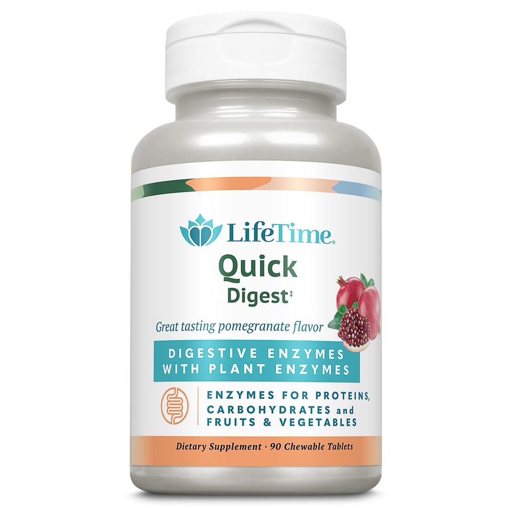 LIFETIME Quick Digest Digestive Enzymes - Plant Enzymes för proteiner, kolhydrater, frukter och grönsaker - Digestive Health Support - Pomegranat smak - 90 portioner, 90 Chewable tabletter