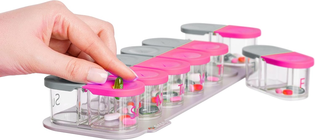 Sagely SMART XL Weekly Pill Organizer - extra stor 7-dagars AM / PM Pill Box 2 gånger om dagen med gratis påminnelse App (Large Tillräckligt för Fit Fish Oil, Cod Liver Oil, Vitamin D Supplements & Vitamins) (Pink / Gray)