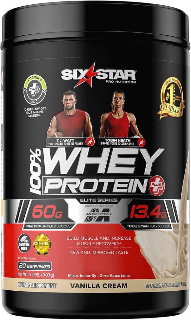 Whey Protein Powder + Immune Support | Six Star Whey Protein Plus | Whey Protein Isolate & Peptides + Muscle Builder | Lean Protein Powder för Muscle Gain & Recovery | Vanilla, 2 lbs