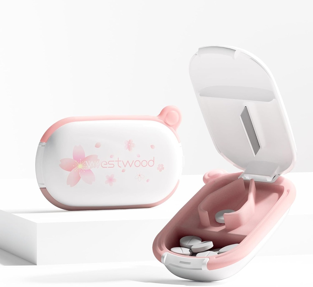 White Small Pill Cutter Splitter med Centering Device för små och små piller, skär Vitaminer Tablets, Portable Exquisite Pill Crusher för Purse Pocket