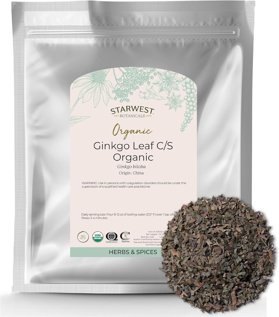 Starwest Botanicals Organic Ginkgo Leaf - Ginkgo Biloba, Dried Loose Leaf Herb för Tea, Capsules, & Herbal Blends, Cut & Sifted, Certified Kosher, Non-GMO - Bulk 1 lb Bag
