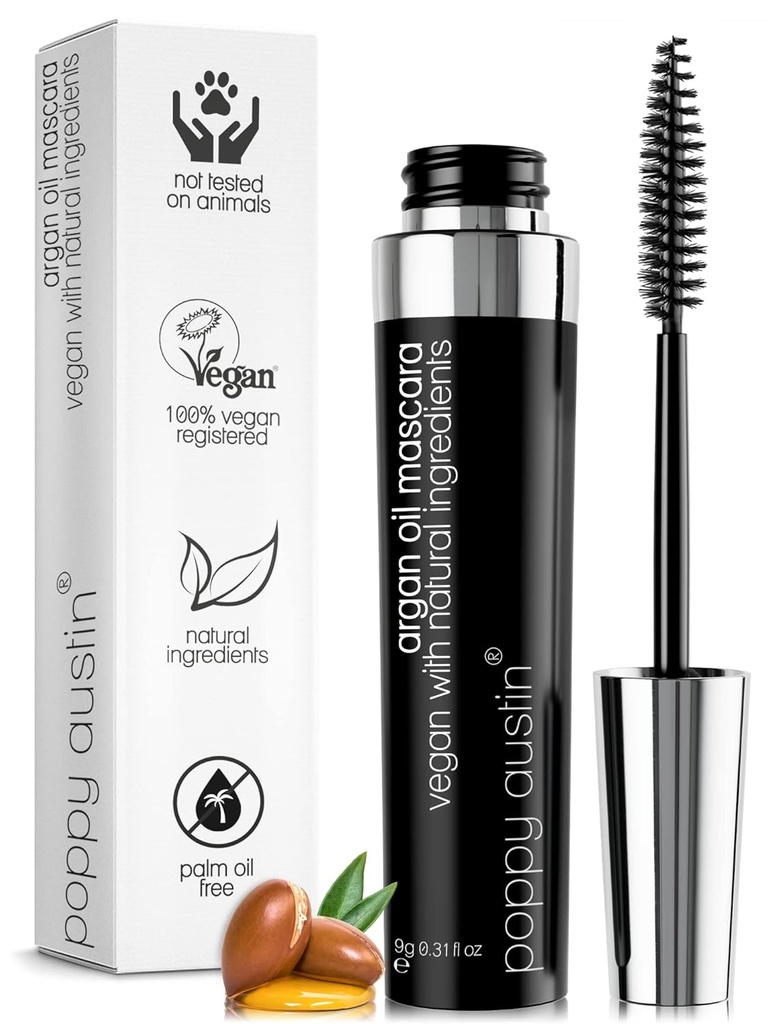 Poppy Austin Organic Mascara, Natural, Vegan, Paraben-Free, Cruelty-Free - Hypoallergenic Mascara Lengthening & Volumizing med Argan Oil - 0,31 Fl Oz (Black)
