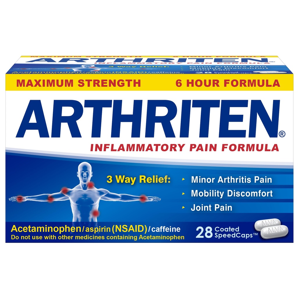 Inflammatoriska Smärta Formel Caplets med 3 Aktiva Ingredienser: Aspirin, Acetaminophen & Koffein, Vit, 28 greve av 1)