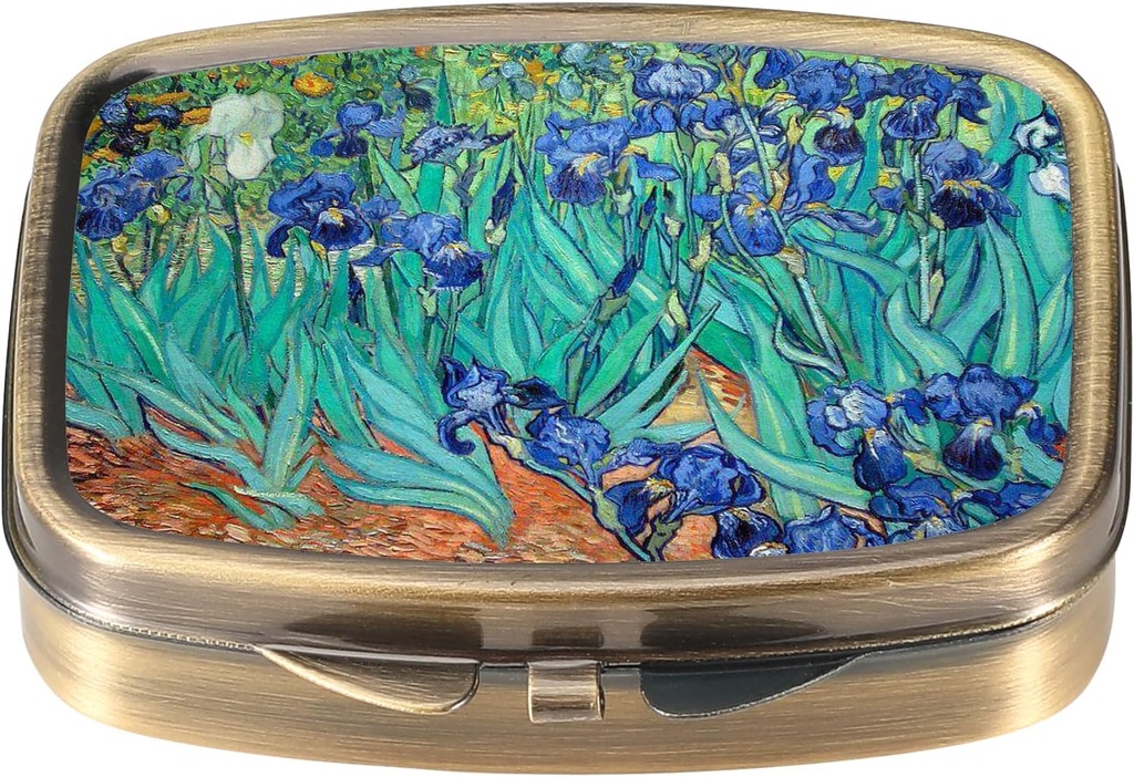 Dynippy Pill Case Pill Box med Mirror Retro Pocket 2 Compartment Medicine Case Vitamin Pill Organizer för Pocket Purse and Travel (A-Van Gogh Irises)