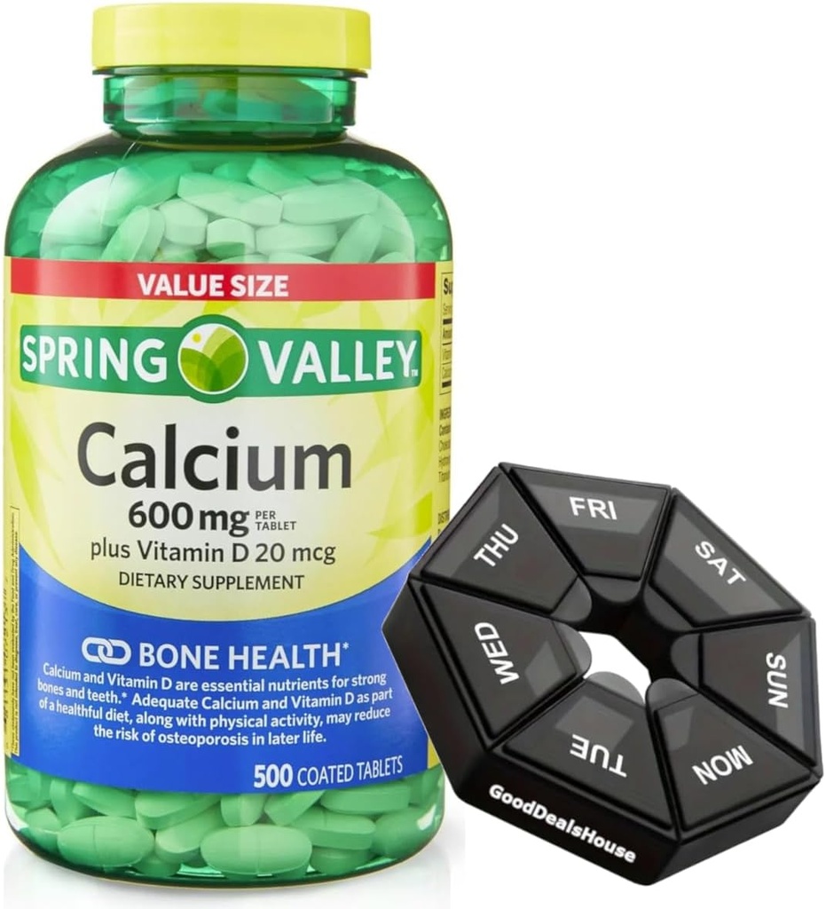 Spring - Valley Calcium 600 mg + Vitamin D 20 mcg - 500 Count with Weekly Pill Organizer GoodDealsHouse - Bone Health Dietary Supplement Tablets